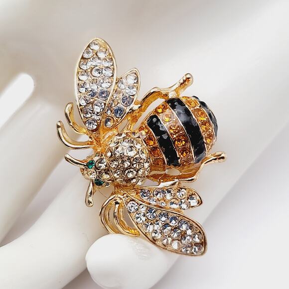 Bee Gold Plated Brooch, Insect Pin Clear Black Yellow Rhinestones Signed Ricinni - Picture 2 of 11